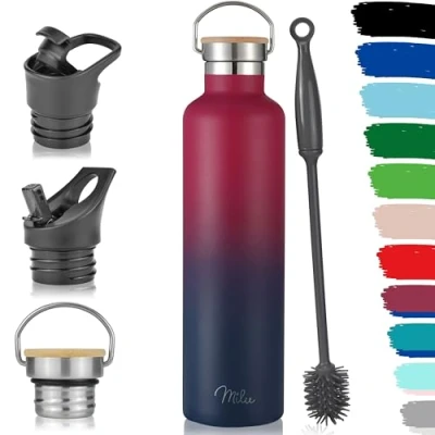 Imagen de Milu Botella de Agua, 500ml, 750ml, 1000ml (+3 Tapas) Acero Inoxidable, Libre BPA, Para Bebidas Calientes, Frías y Carbonatadas (Azul Berry, 1l)