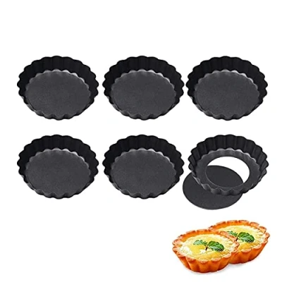 Imagen de 6 Pack antiadherentes 4 pulgadas quiche Tart Pan, sartén para redonda con fondo extraíble, molde de horno revestimiento antiadherente y bordes ondulados,Moldes Tartas Redondos,10cm