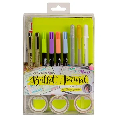 Imagen de Talens Set creo tu propio bullet journal (verde lima) con The Flower Journal, libreta de puntos, 2 puntafinas, 3 bolígrafos gel, 4 pincel, washi tapes, manual paso a