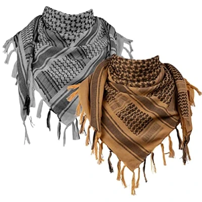 Imagen de FREE SOLDIER Bufanda Militar Shemagh Tactical Desert Keffiyeh de Cuello con Cabeza árabe Borla 43x43 Pulgadas,Gris &amp; Marrón Set