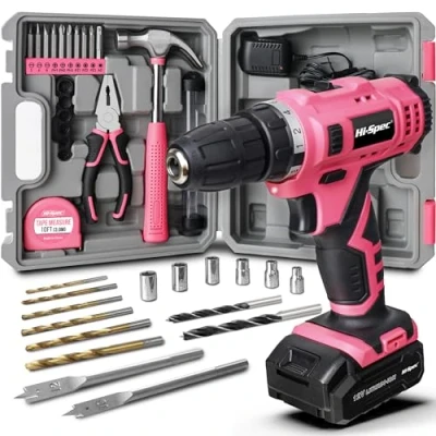 Imagen de Hi Spec Caja de Herramientas con Taladro Eléctrico Inalámbrico Rosa 12V 30 Piezas. Perforación y Atornillado Rápido Sencillo Accesorios Manuales Esenciales para el Hogar