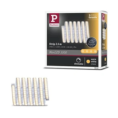 Imagen de Paulmann 70552 LED Stripe MaxLED 1000 Blanco cálido 2,5m 29W 2750lm 2700K IP44 regulable Tira de luz plástico plateado