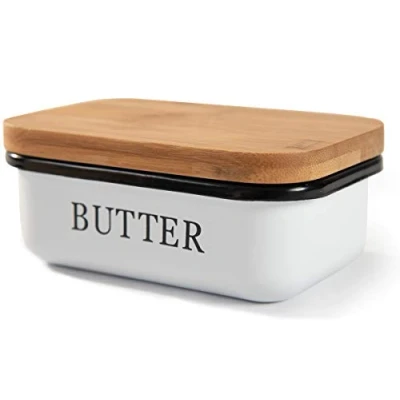 Imagen de Theo&amp;Cleo Mantequera con tapa de madera, campana mantequilla para 250 g mantequilla, plato multifunción, bambú elegante y sostenible, color blanco (blanco)