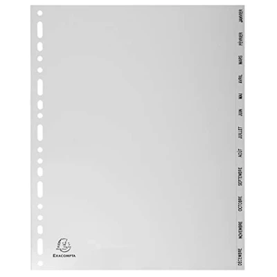 Imagen de Exacompta 2812E Separadores de polipropileno reciclado gris con 12 fichas mensuales impresas enero a diciembre Formato archivo A4 maxi Dimensiones 24,5 x 29,7 cm Certificado Blue Angel