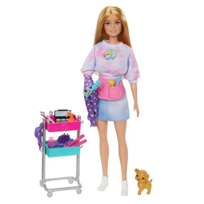 Imagen de Barbie Cosa de Dos Malibú Estilista Muñeca Rubia con Accesorios peluquería y Maquillaje, Juguete +3 años (Mattel HNK95)