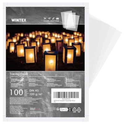 Imagen de WINTEX Papel transparente impresora A5 Set de 100x láminas cebolla 102 g/m² manualidades plantillas para calcar Hojas color blanco tránlucido