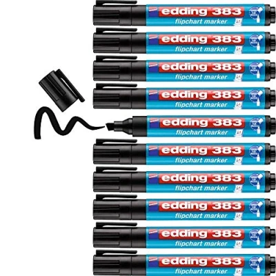Imagen de edding 383 marcador para flipcharts negro 10 rotuladores punta biselada de 1 5 mm rotulador escribir, dibujar y marcar sobre papel recargable, no traspasa, mancha, impermeable
