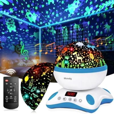 Imagen de Moredig Proyector Estrellas Bebé, Lámpara Infantil Luz Nocturna con Rotación y Música, Función de Temporización Control Remoto, 8 Modos la Noche, Regalo Navidad para Bebes Azul