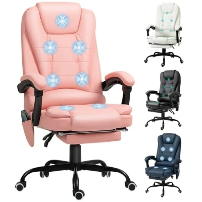 Imagen de Vinsetto Silla de Oficina con 7 Puntos Masaje Giratoria Escritorio Reposapiés Retráctil Altura Ajustable Control Remoto y Tejido PU Rosa
