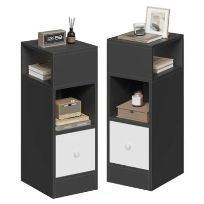 Imagen de EUGAD 2X Mesitas de Noche con 2 Compartimentos y 1 Cajón, 25x30x66 cm, Mesilla Estrecha Dormitorio, Estilo Moderno, Mesita Auxiliar Alta Madera, Gris Oscuro, 0010CTG