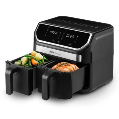 Imagen de Ufesa Thunder Freidora de Aire sin Aceite con 2 Cubetas, 9L (4,5L + 4,5L), 11 Programas, 1700W, Control Digital, Temporizador, Temperatura 80ºC 200ºC, Anti Adherente, Exclusivo Amazon