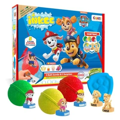 Imagen de caja regalo INKEE PAW PATROL con 4 bombas de baño infantiles aceite almendras, contiene 5 figuras Pawpatrol diferentes para coleccionar sorpresa