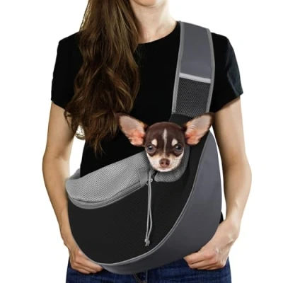 Imagen de Pawaboo Bolso Bandolera para Perros, Bolsa Portátil Mascotas con Correa Ajustable y Bolsillos, de Mensajero Transpirable Cómoda Cachorros Gatitos, M, Gris Oscuro + Negro