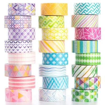 Imagen de YUBBAEX Washi Tape Cinta decorativa para manualidades, en tonos pastel, envoltura de regalos, suministros álbumes recortes (24 rollos con mini gráficos)