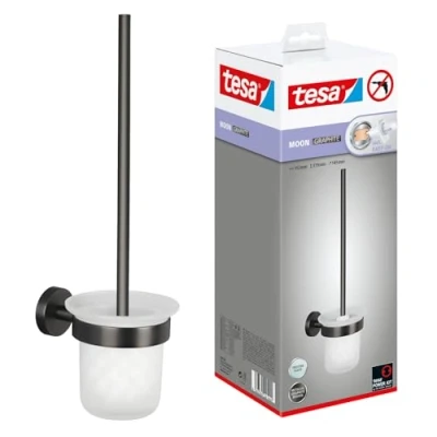 Imagen de tesa Moon Set de Baño Escobilla y Soporte Autoadhesivo Metal Revestido PVD, Cepillados en Grafito Base Vidrio Satinado sin Taladrar, Incl. Solución Adhesiva 379 mm x 112 145