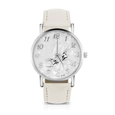 Imagen de Sonew Reloj de Cuarzo Las Mujeres Pulsera analógico Femenino Redondo Correa Cuero la PU diseño Mariposa Simple Manera(White)