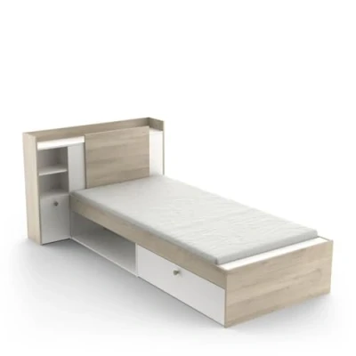 Imagen de Demeyere Lit 90x190/200 Avec Rangement 1 Porte 3 Niches tiroir, Noir Mat &amp; Chêne Clair 124,5 x 226,9 90,5 cm