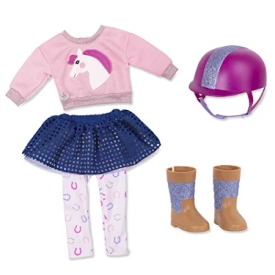 Imagen de Glitter Girls Ropa de muñeca lujo, 36 cm, disfraz jinete para muñecas, botas montar, casco suéter, falda, accesorios juguetes a partir 3 años, color aleatorio