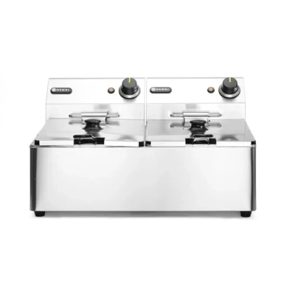 Imagen de HENDI Freidora eléctrica, T ajustable hasta 190C, termostato de seguridad, zona fría, con tapa y cesta freír, tanque aceite extraíble, 2x6L, 230V, 6600W, 550x430x(H)290mm, acero inoxidable