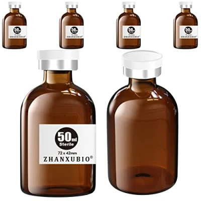 Imagen de ZHANXUBIO Viales estériles vacíos con puerto de inyección autorreparable y tapa plástico aluminio, paquete estéril (50 ml ámbar, 6 piezas)