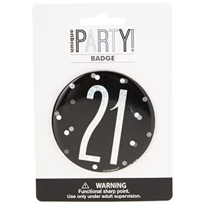 Imagen de Unique Party Insignia de Cumpleaños 21 7,5 cm Diseño Negro y Plateado Glitz (83507)