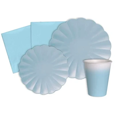 Imagen de Ciao Kit Mesa Fiesta Party Flower Shape pers (112 pzas: Platos, Vasos, servilletas) Papel compostable, Azul Cielo Pastel Vajilla Eco Friendly, sólido, Color, 24 personas (AZ105)