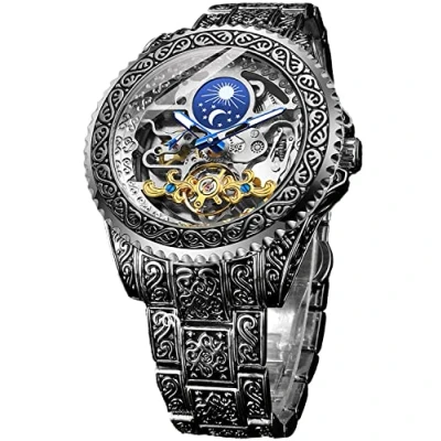 Imagen de FORSINING Reloj retro para hombre, tallado, mecánico, tatuaje, tourbillon, fase lunar, segundos independientes, esqueleto, automático, esfera grande, plata, Correa
