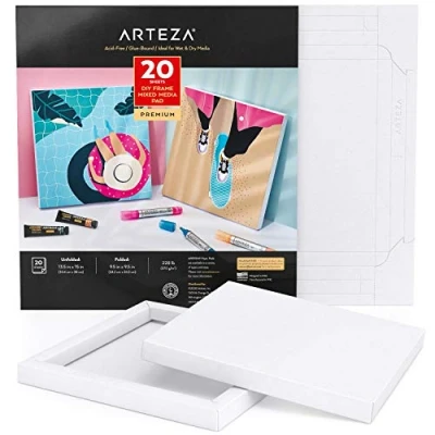 Imagen de ARTEZA papel lienzo para pintar multimedia, con marco, (24,2 x 24,2 cm), 20 hojas de 370 GSM sin ácidos, bloc encolado, pulpa madera, lienzos diversos medios mixtos