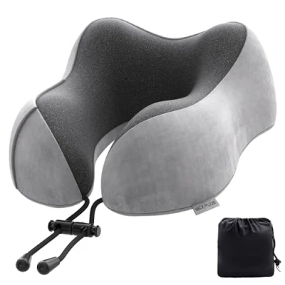 Imagen de Almohada cervical de avión, cojín viaje para coche, espuma viscoelástica con funda aterciopelada, adultos, viajes, camping, oficina y casa (gris claro)