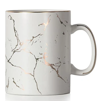 Imagen de SHOWFULL taza de café grande con incrustaciones patrón dorado lujo, 650 ml, té clásica mármol cerámica asa para hombres y mujeres, blanco mate