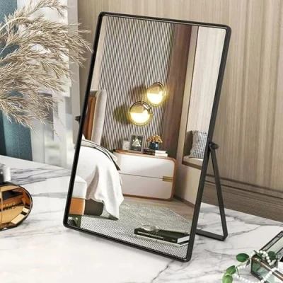 Imagen de Gosider espejo de mesa negro, maquillaje portátil con marco metal, rectangular soporte, 90, escritorio una sola cara para dormitorio, sala estar,