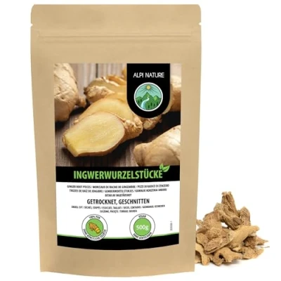 Imagen de raíz de jengibre en rodajas, té jengibre, trozos triturados, 100% natural, sin aditivos, rodajas (500 GR)
