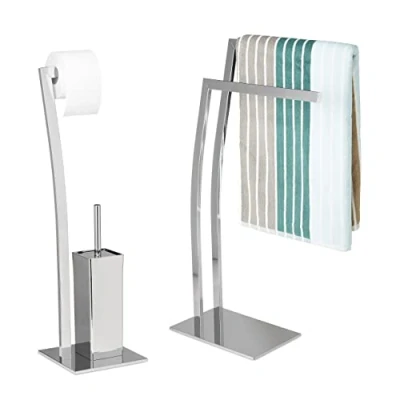 Imagen de Relaxdays Set Escobillero Portarrollos y Toallero de Pie Rectangular WIMEDO, 2 Unidades, Acero Inoxidable, Plateado