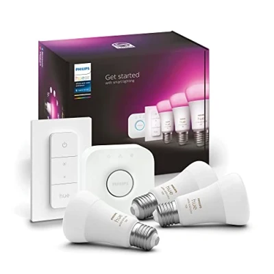 Imagen de Kit de iluminación Philips Hue Bridge + 3 Bombillas inteligentes E27 9.5W 1100 lm, Luz Blanca y Colores Regulador
