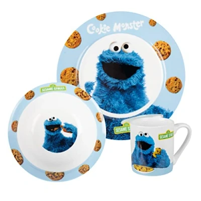 Imagen de United Labels Juego de desayuno infantil con monstruo las migajas y galletas, vajilla porcelana, 3 piezas, plato, cuenco taza, apto para lavavajillas microondas