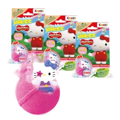 Imagen de Pack 3 INKEE Hello Kitty bombas de baño infantiles con sorpresa 6 figuras para coleccionar 3x bolas 80g sabor a sandía y aceite jojoba, rosa o rojo