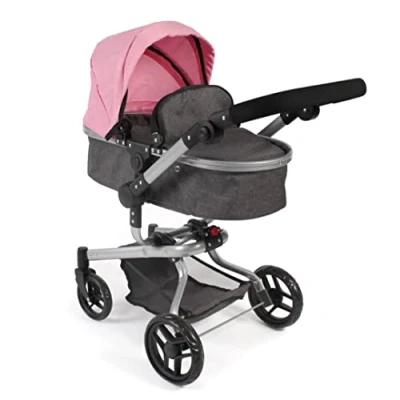 Imagen de Yolo Cochecito para muñecas 2 en 1 niños de 4 a 8 años, Color Gris Antracita y Rosa