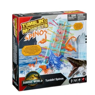 Imagen de Mattel Games Monos locos Jurassic World: El Renacer , Juego de mesa familiar con torre oceánica y figuras espinosaurio inspiradas en la película., JFW44
