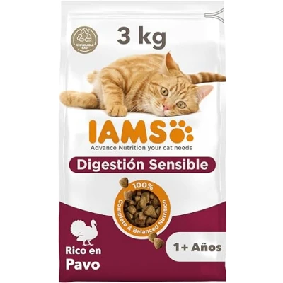 Imagen de IAMS Alimento seco para gatos con digestión sensible comida seca adultos de más 1 año rico en pavo, 3 kg