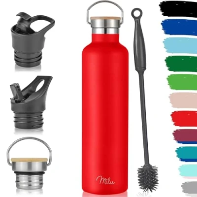 Imagen de Milu botella de acero inoxidable 350 ml, 500 750 1 l (+3 tapas) termo con paja, agua, para bebidas calientes, frías y carbonatadas (rojo, ml)