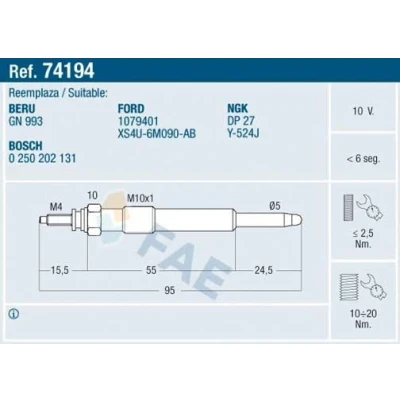 Imagen de FAE 74194 Bujía de precalentamiento 10V M 10x1 FORD: Focus 2, C Max, 2 Kombi