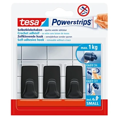 Imagen de Tesa Powerstrips Ganchos autoadhesivos (3 unidades, forma cuadrada, para azulejos, cristal, plástico y otras superficies, sujeción fuerte, hasta 1 kg), color negro