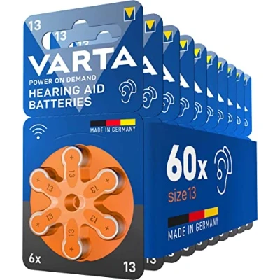 Imagen de VARTA pilas para aparatos auditivos tipo 13 naranja, paquete de 60, Power on Demand, batería audífono, botón audífonos, Made in Germany
