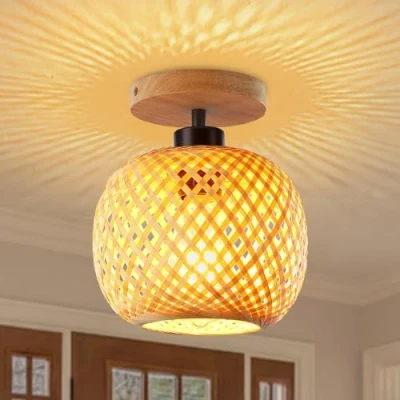 Imagen de Schindora Lámpara de techo bambú, tamaño mini, bohemia, montaje semiempotrado, pantalla madera ratán hecha a mano, lámparas granja para dormitorio, guardería, pasillo, M116