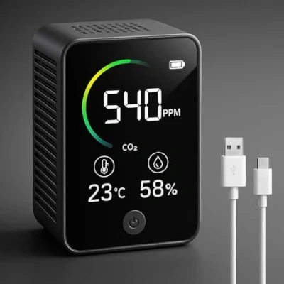 Imagen de Medidor de CO2 3 en 1 Detector con Alarma Monitor Calidad del Aire NDIR Sensor Duración la Batería hasta Horas dióxido Carbono Pantalla LCD