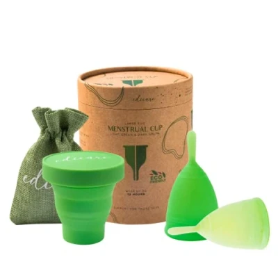 Imagen de Edicare, Copa Menstrual, Incluye dos Copas, 1 Esterilizador y una Bolsa de Transporte, Silicona Grado Médico, Suave, Reutilizable Lavable 100% Seguro (L Organic Edition)
