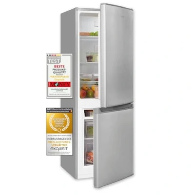 Imagen de Exquisit® Frigorífico Combi, 173L, Clase E, Color Plateado, Cajón Verdulero, Estantes de Cristal, Altura Regulable, Tiradores Integrados, Luz LED, Consumo 194 kWh/año, Medidas 142,5x50x56 Cm.