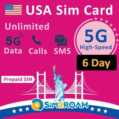 Imagen de Tarjeta SIM prepago de EE. UU. Datos ilimitados Internet alta velocidad 5G/4G LTE en UU.(incluido Hawái) Llamadas y mensajes texto (SMS) Estados UnidosRecargable(6 días)