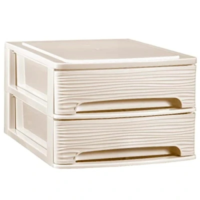Imagen de COM FORT HOUSE Cajonera Apilable de Plástico Modelo Ondas Color Blanco Roto 2 Cajones Almacenamiento Modular