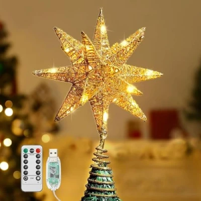 Imagen de Lewondr Estrella para Copa del Árbol de Navidad, 28CM Adorno Geométrico 3D con Temporizador, Mando a Distancia, Cable 5M Gran Topper Decoración Navidad Hogar, Oro